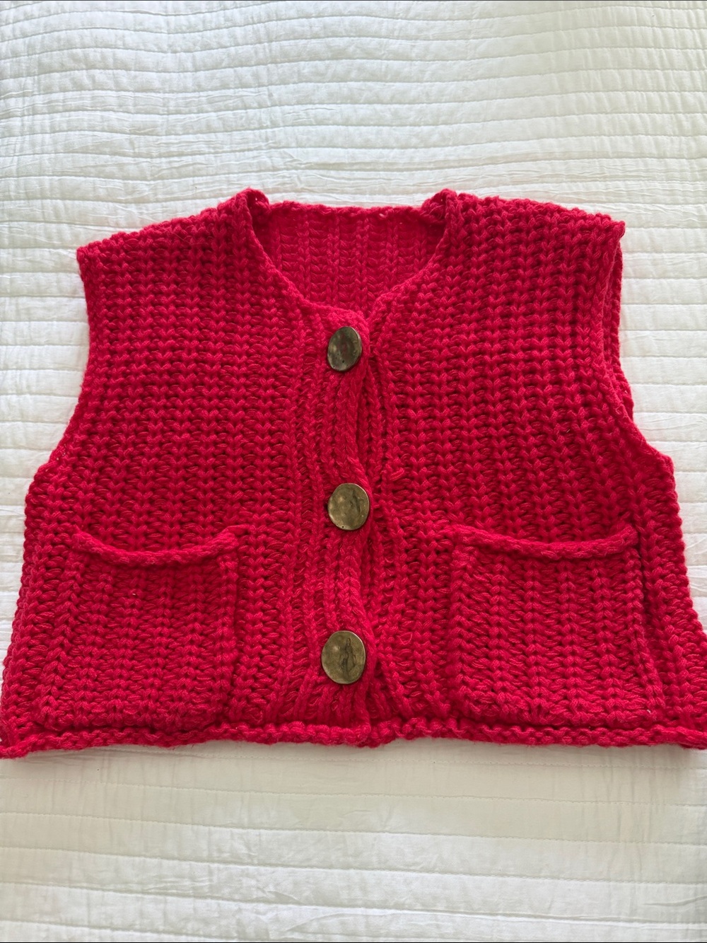 Red Chunky Knit Button Vest Sweater - Women's